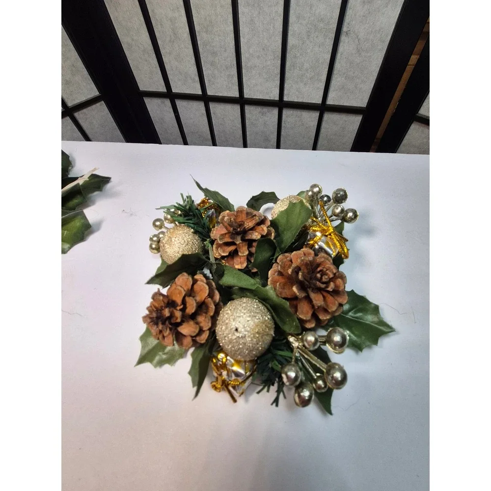 Christmas Candle Rings Set of 2 Holly Pinecone Gold Glitter Ornaments Greenery